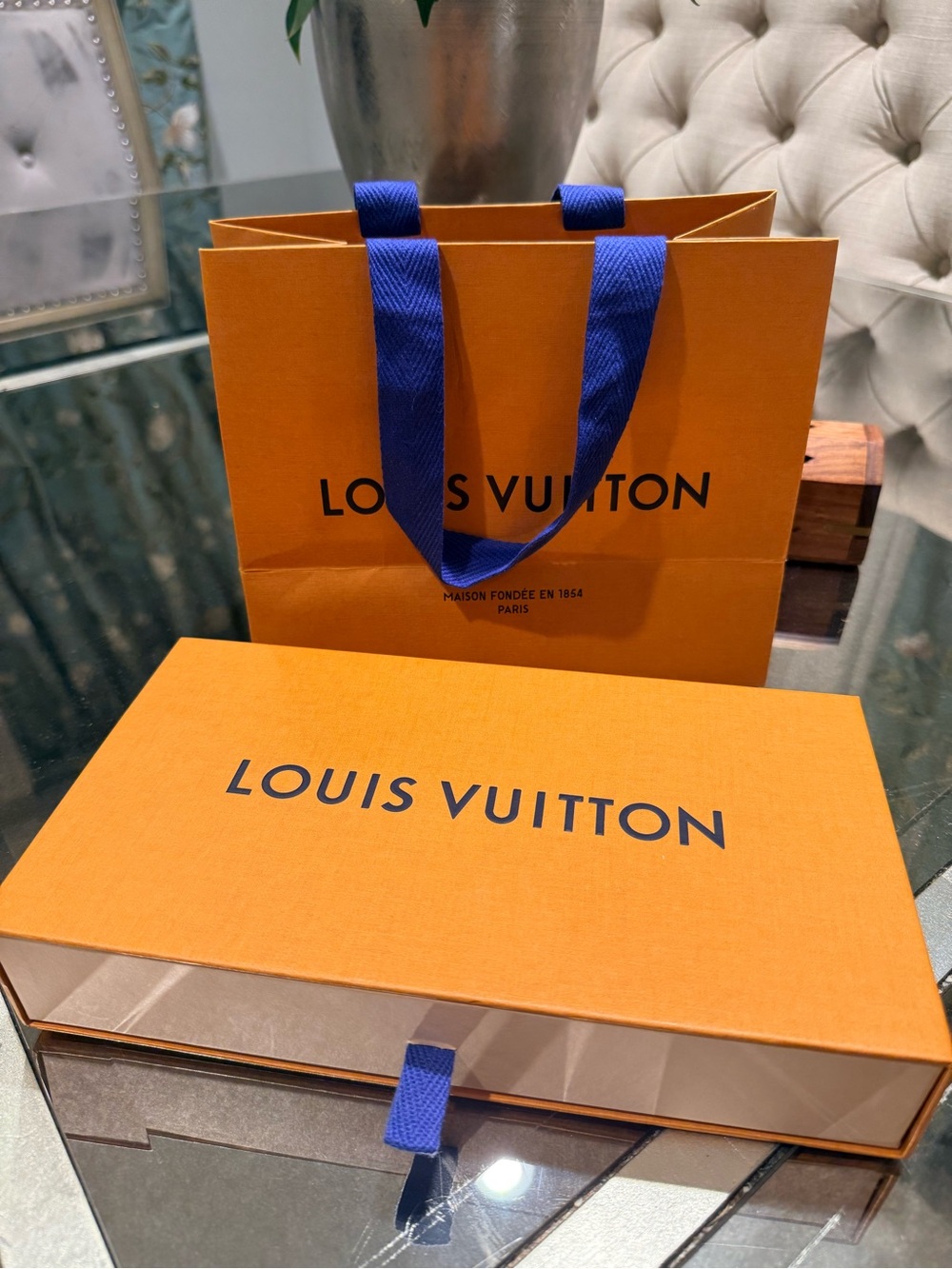 Louis Vuitton Orange Tote with Blue Ribbon Handles